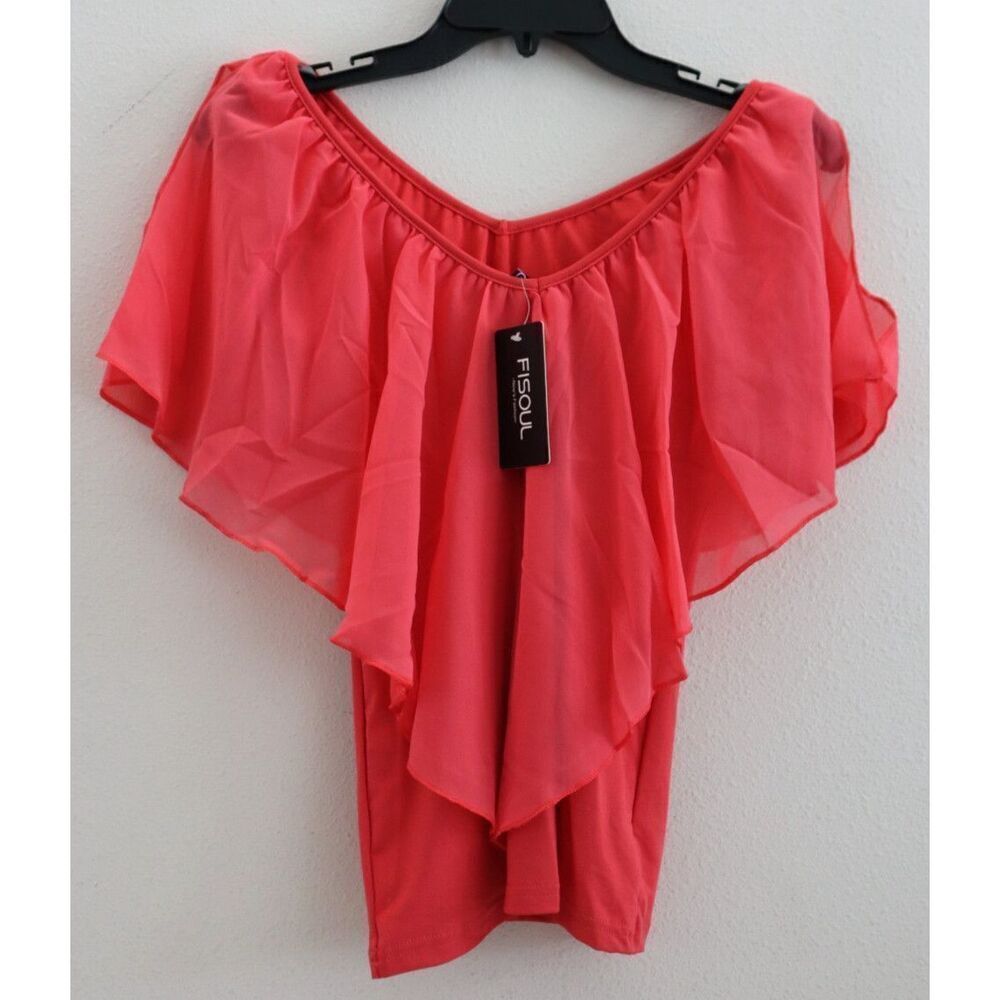 FISOUL Women's Sz Small Pink Ruffle V-Neck Flounce Chiffon Top Blouse
